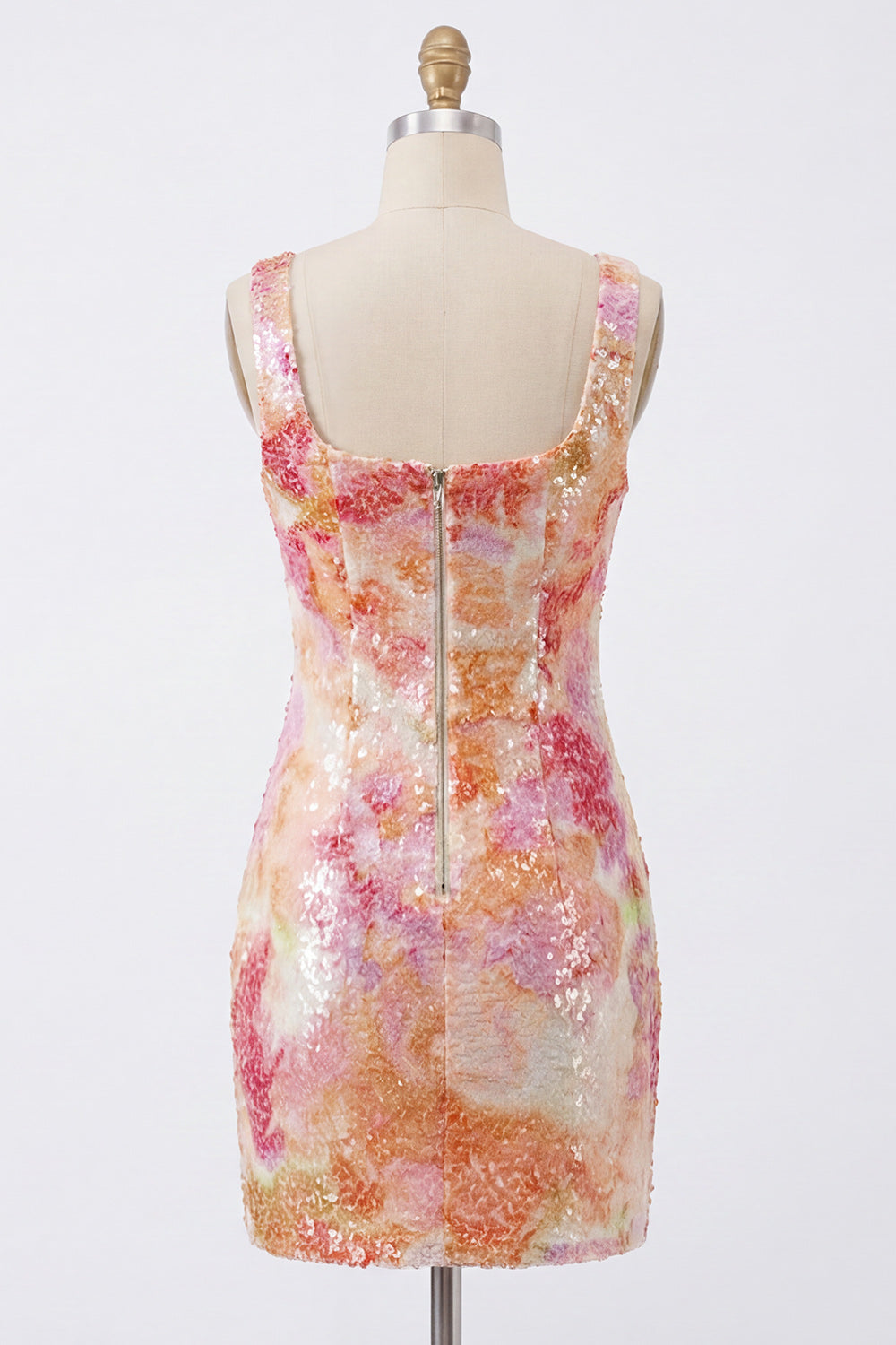Sparkly Orange Tight Floral Short Sequin Square Neck Homecoming Dress