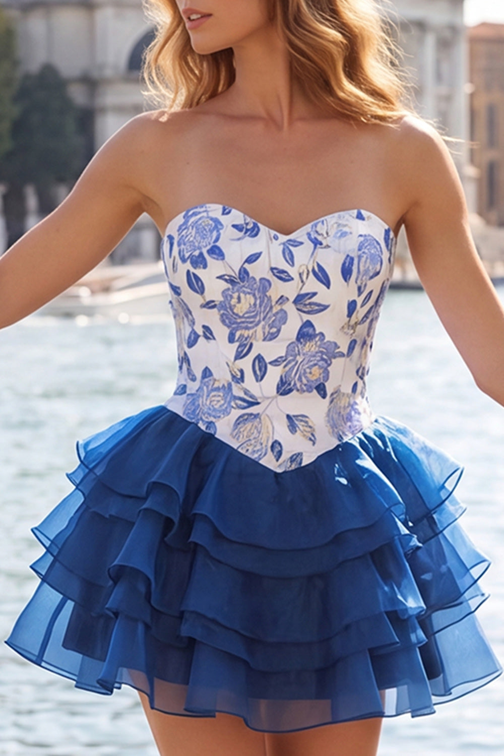 A Line Strapless Short Blue Floral Homecoming Dress with Ruffles