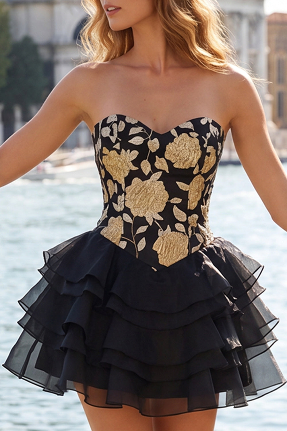 A Line Strapless Short Blue Floral Homecoming Dress with Ruffles