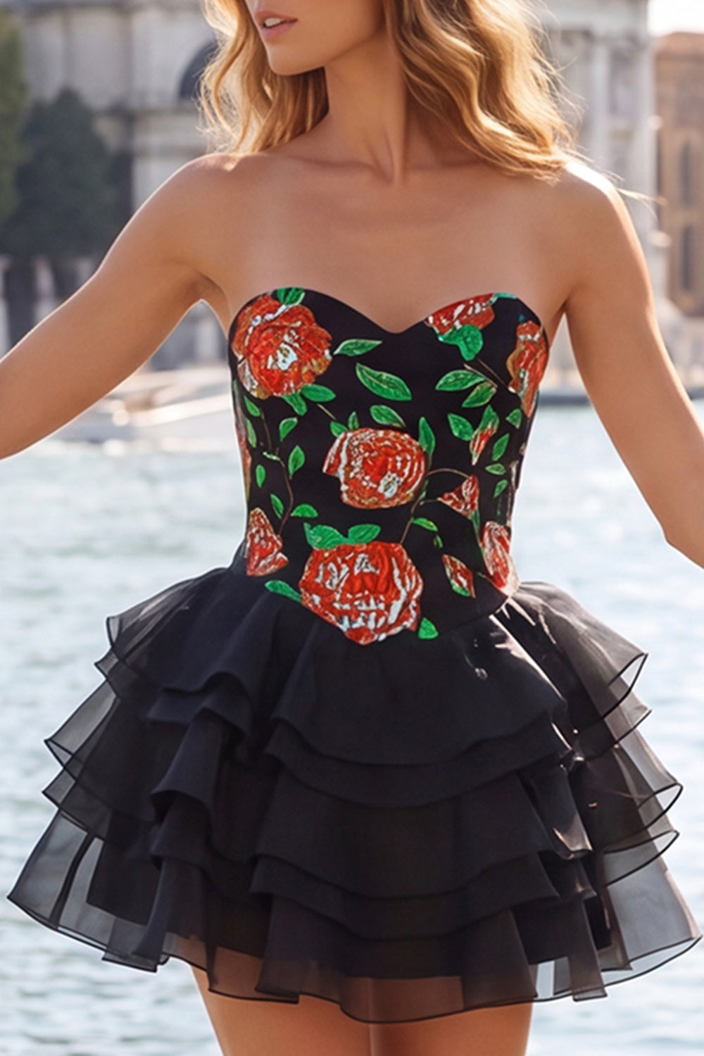 A Line Strapless Short Blue Floral Homecoming Dress with Ruffles