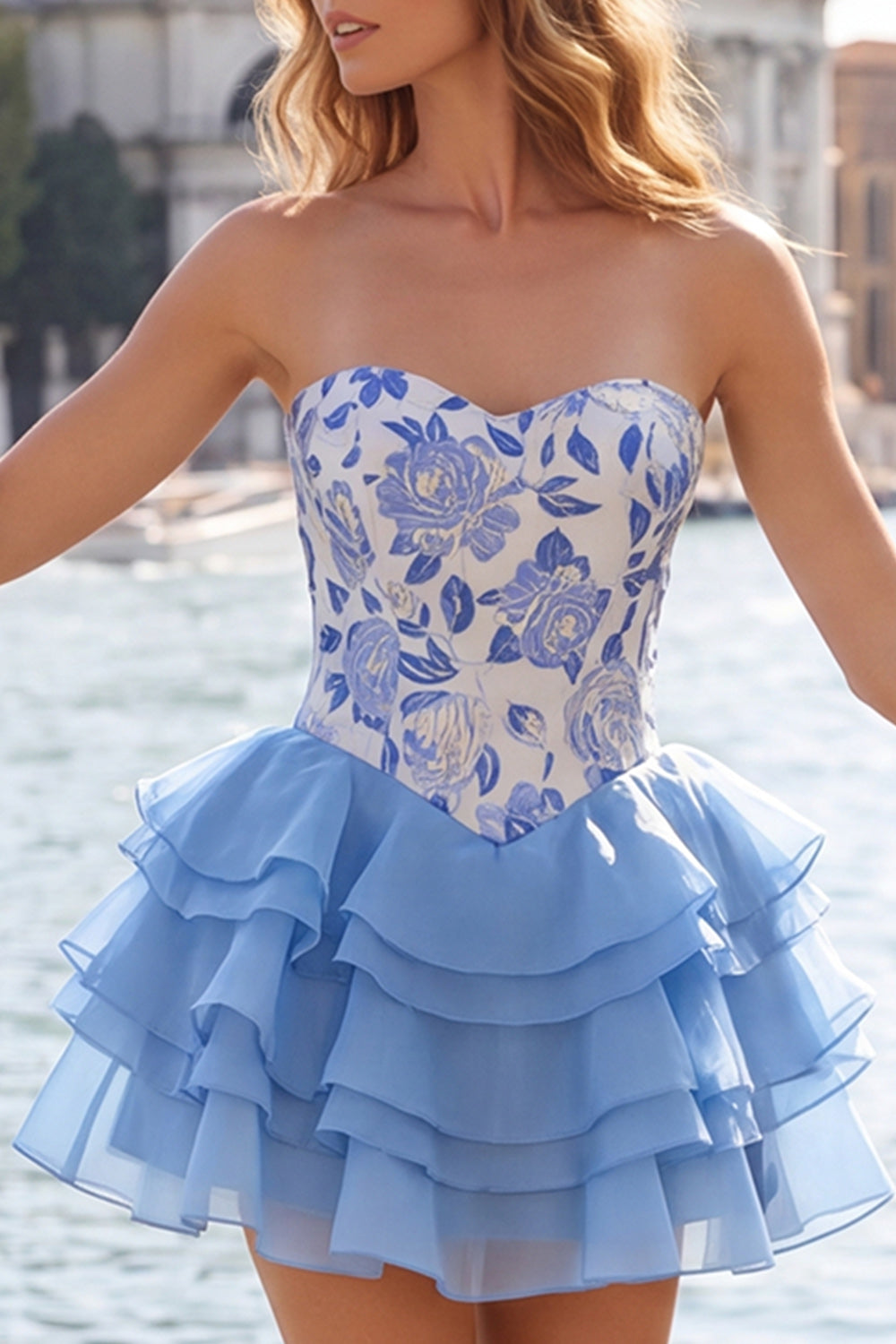 A Line Strapless Short Blue Floral Homecoming Dress with Ruffles
