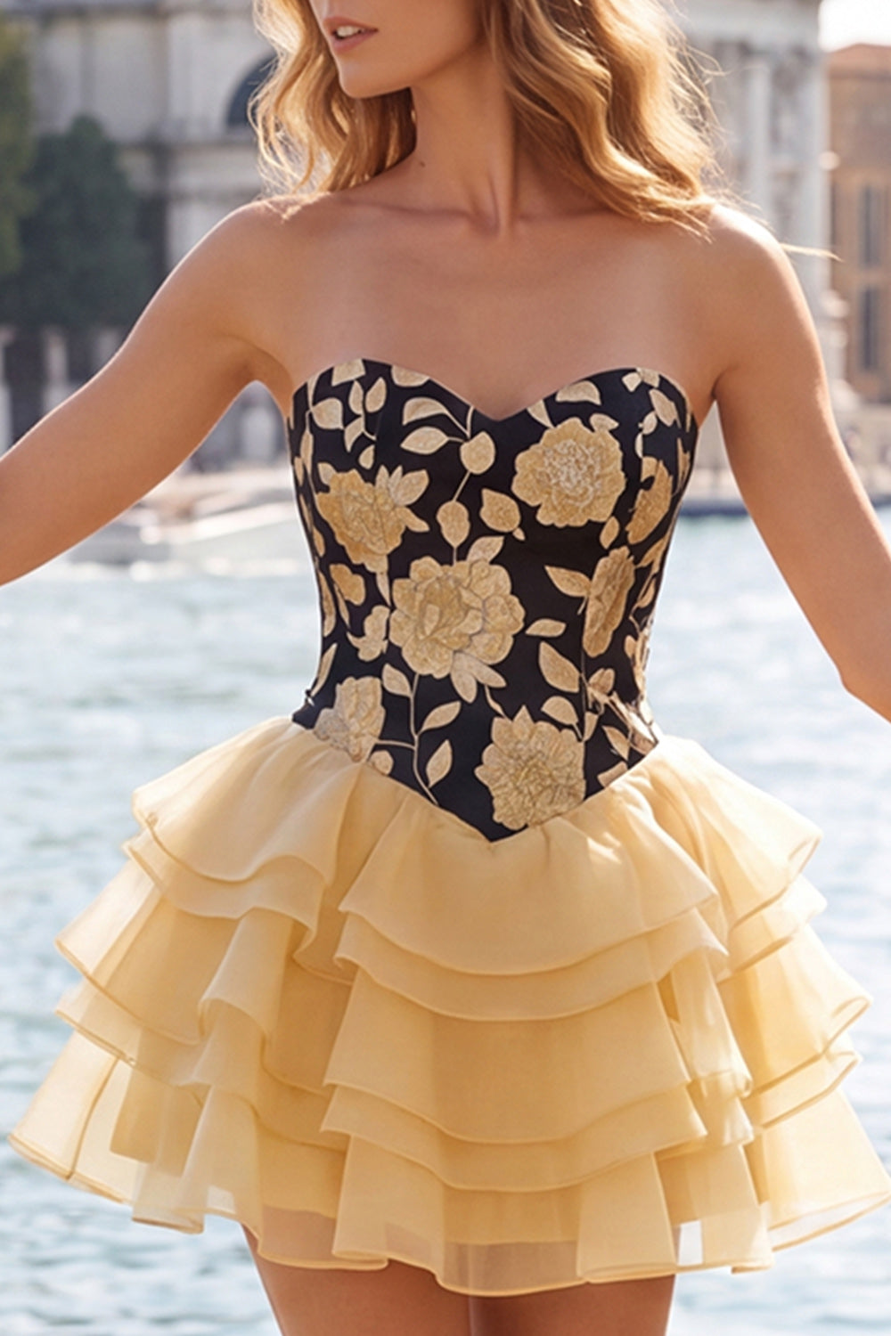 A Line Strapless Short Blue Floral Homecoming Dress with Ruffles