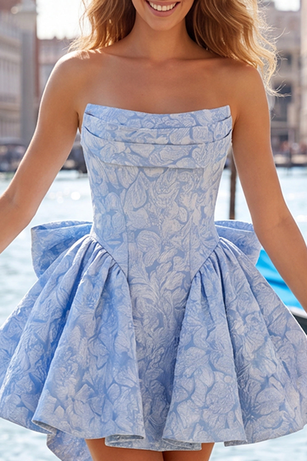 Hot Pink Jacquard Strapless A-Line Short Homecoming Dress with Bow
