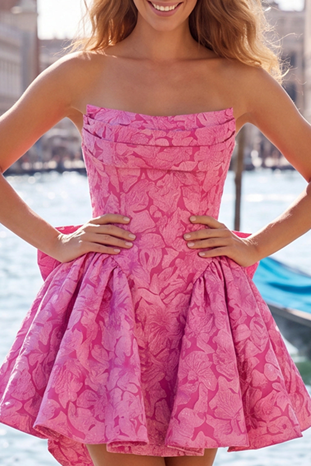 Hot Pink Jacquard Strapless A-Line Short Homecoming Dress with Bow