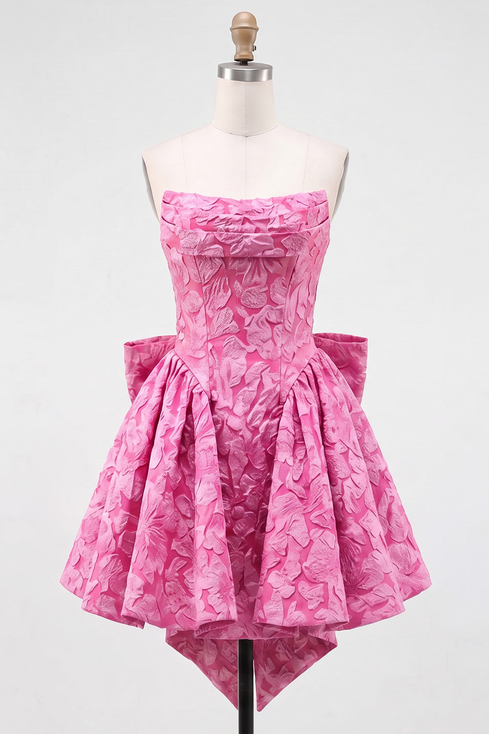 Hot Pink Jacquard Strapless A-Line Short Homecoming Dress with Bow