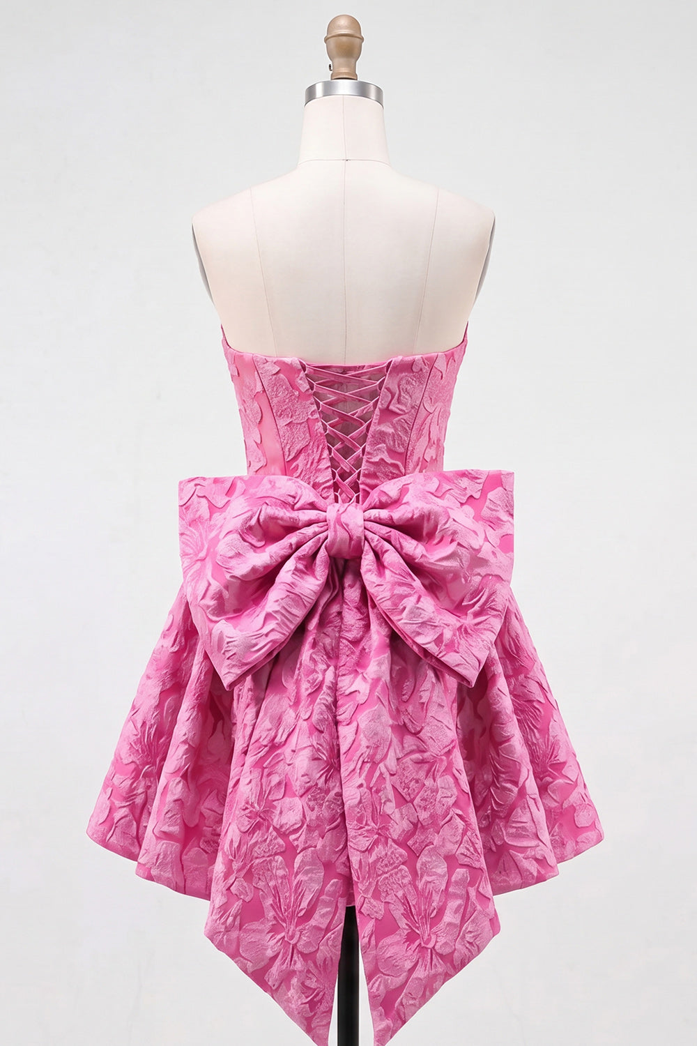 Hot Pink Jacquard Strapless A-Line Short Homecoming Dress with Bow