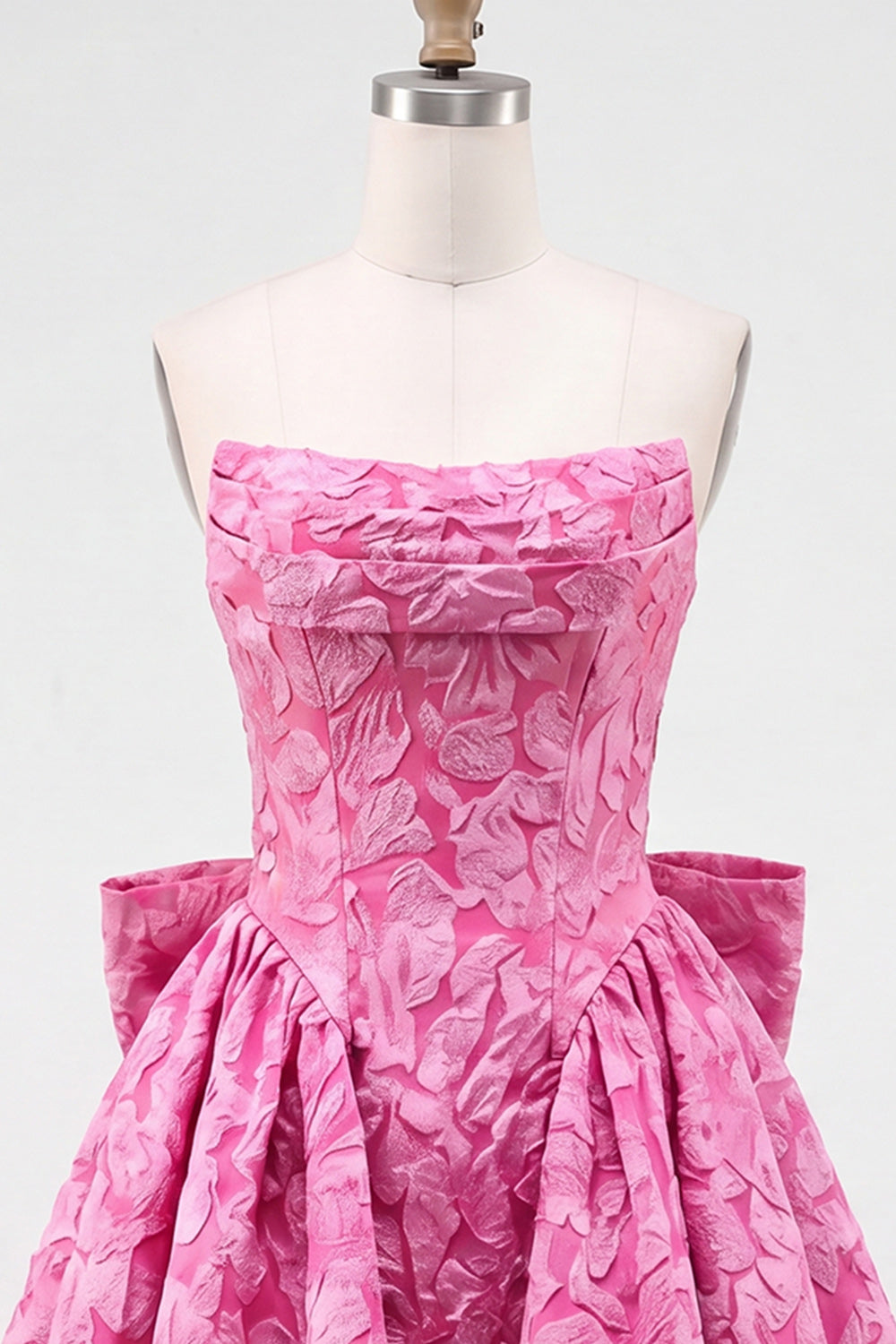 Hot Pink Jacquard Strapless A-Line Short Homecoming Dress with Bow