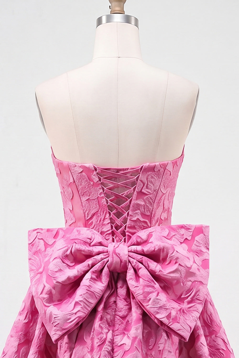 Hot Pink Jacquard Strapless A-Line Short Homecoming Dress with Bow