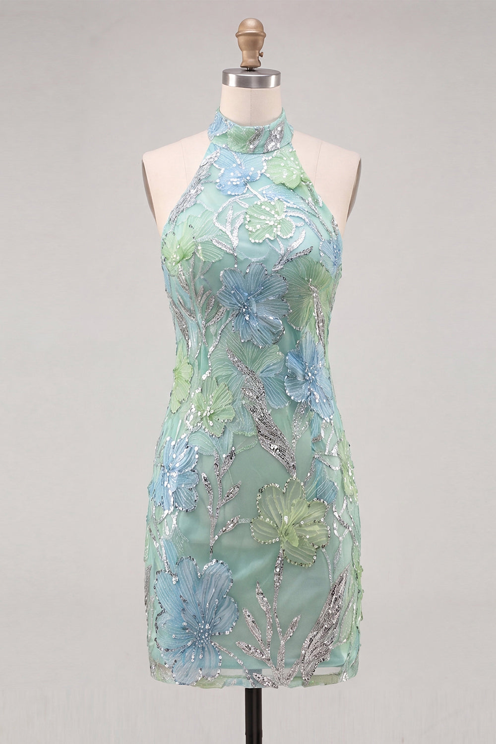 Sparkly Mint Green Floral Sequin Tight Short Homecoming Dress