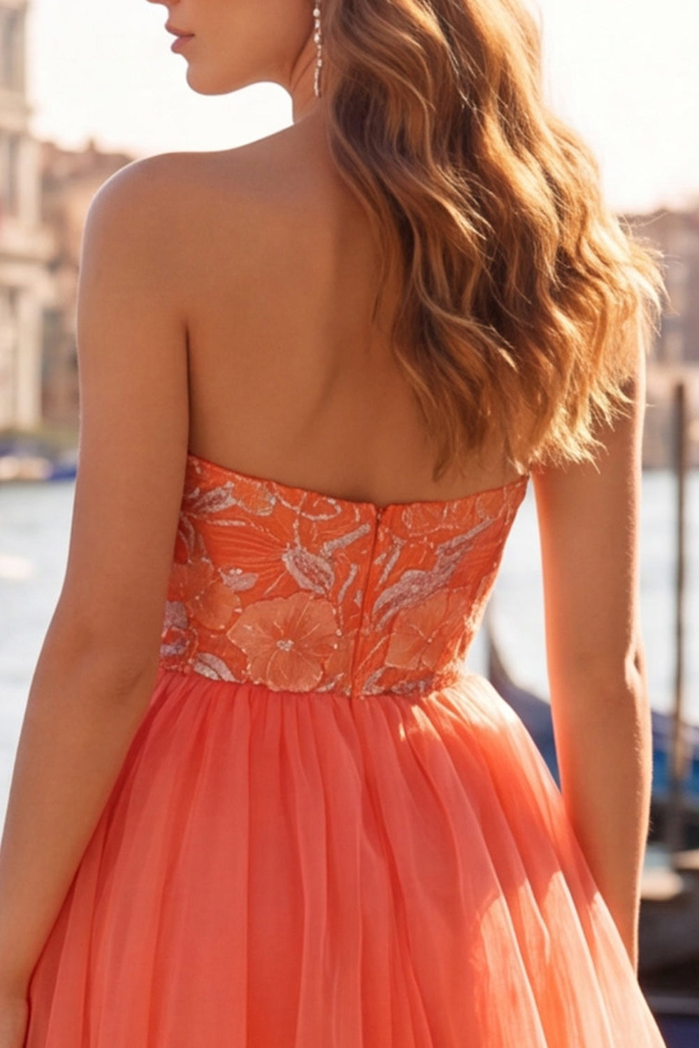 Floral Orange Tulle A-Line Short Homecoming Dress