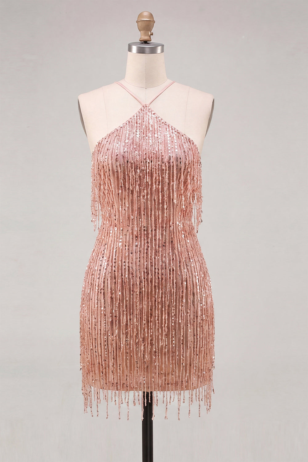 Sparkly Gold Fringed Halter Tight Short Homecoming Dress