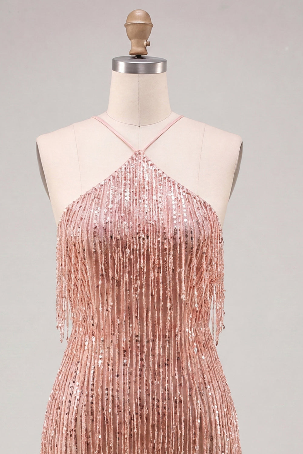 Sparkly Gold Fringed Halter Tight Short Homecoming Dress