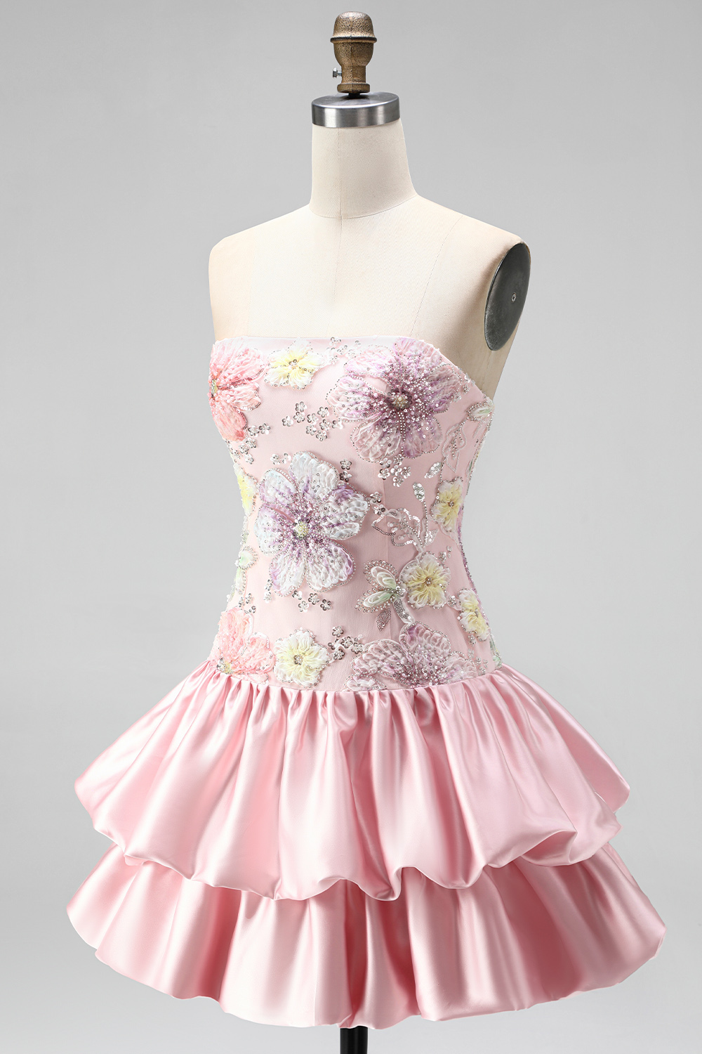 Floral Light Yellow Strapless Tiered A-Line Short Homecoming Dress