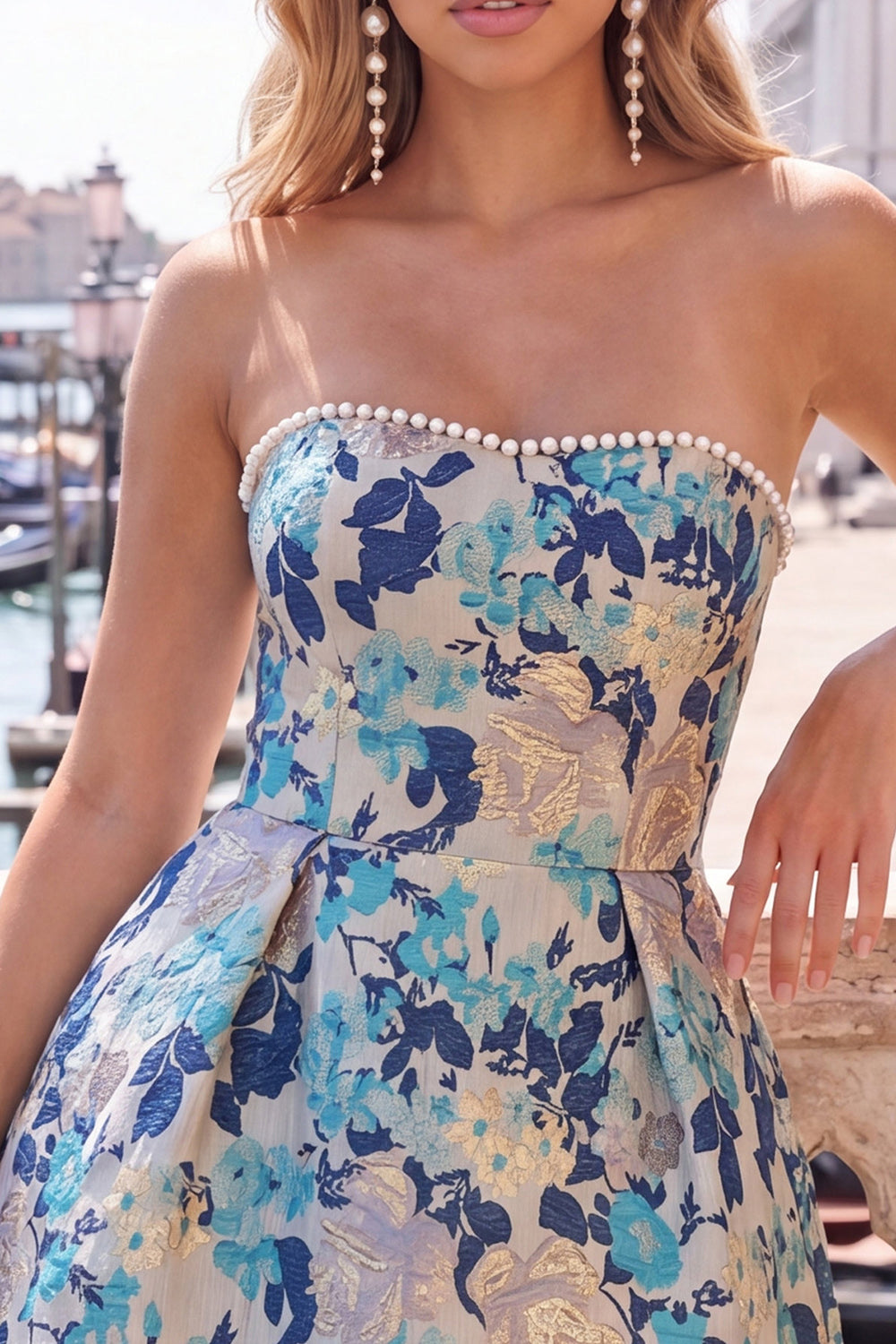 Blue Flower Jacquard A-Line Short Homecoming Dress with Bow