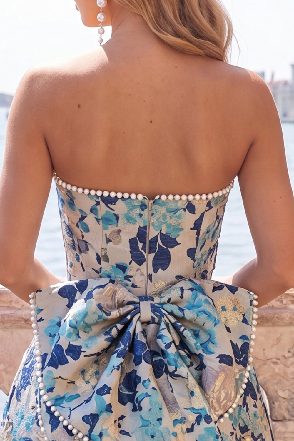 Blue Flower Jacquard A-Line Short Homecoming Dress with Bow