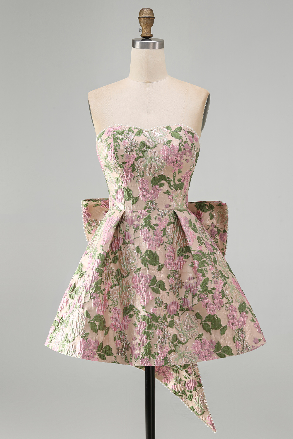 Blue Flower Jacquard A-Line Short Homecoming Dress with Bow