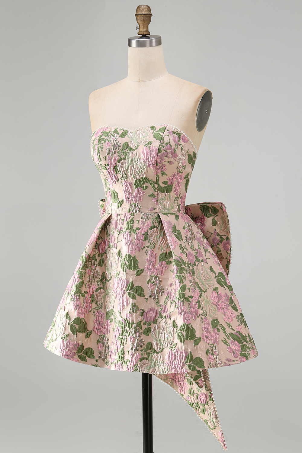Blue Flower Jacquard A-Line Short Homecoming Dress with Bow
