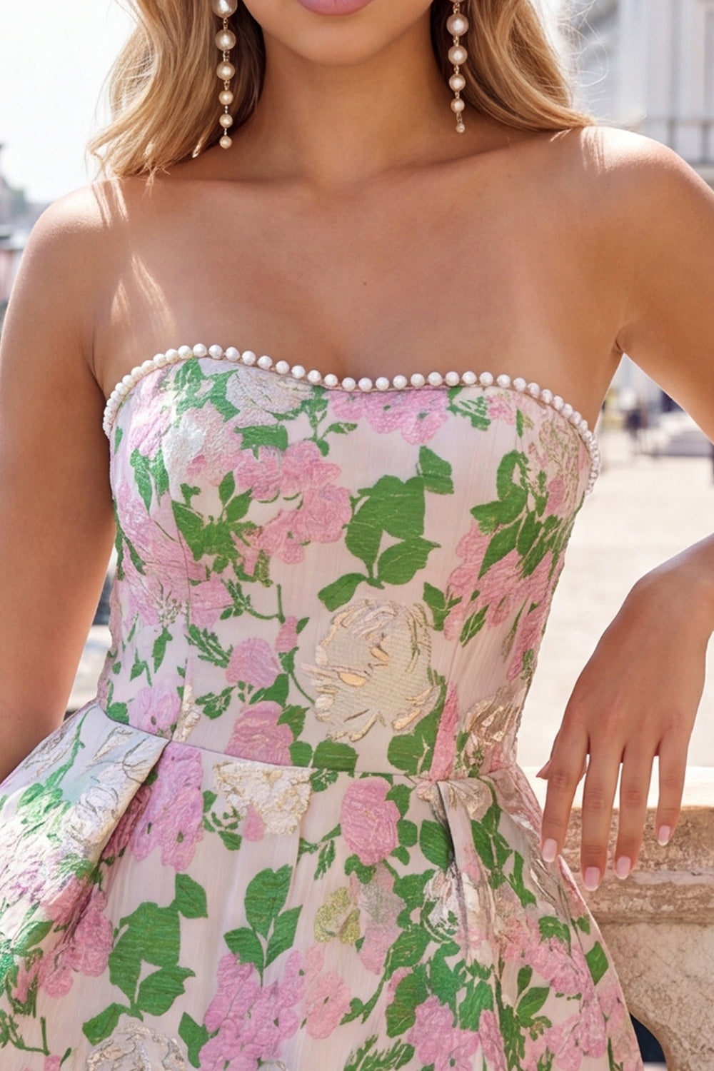 Blue Flower Jacquard A-Line Short Homecoming Dress with Bow