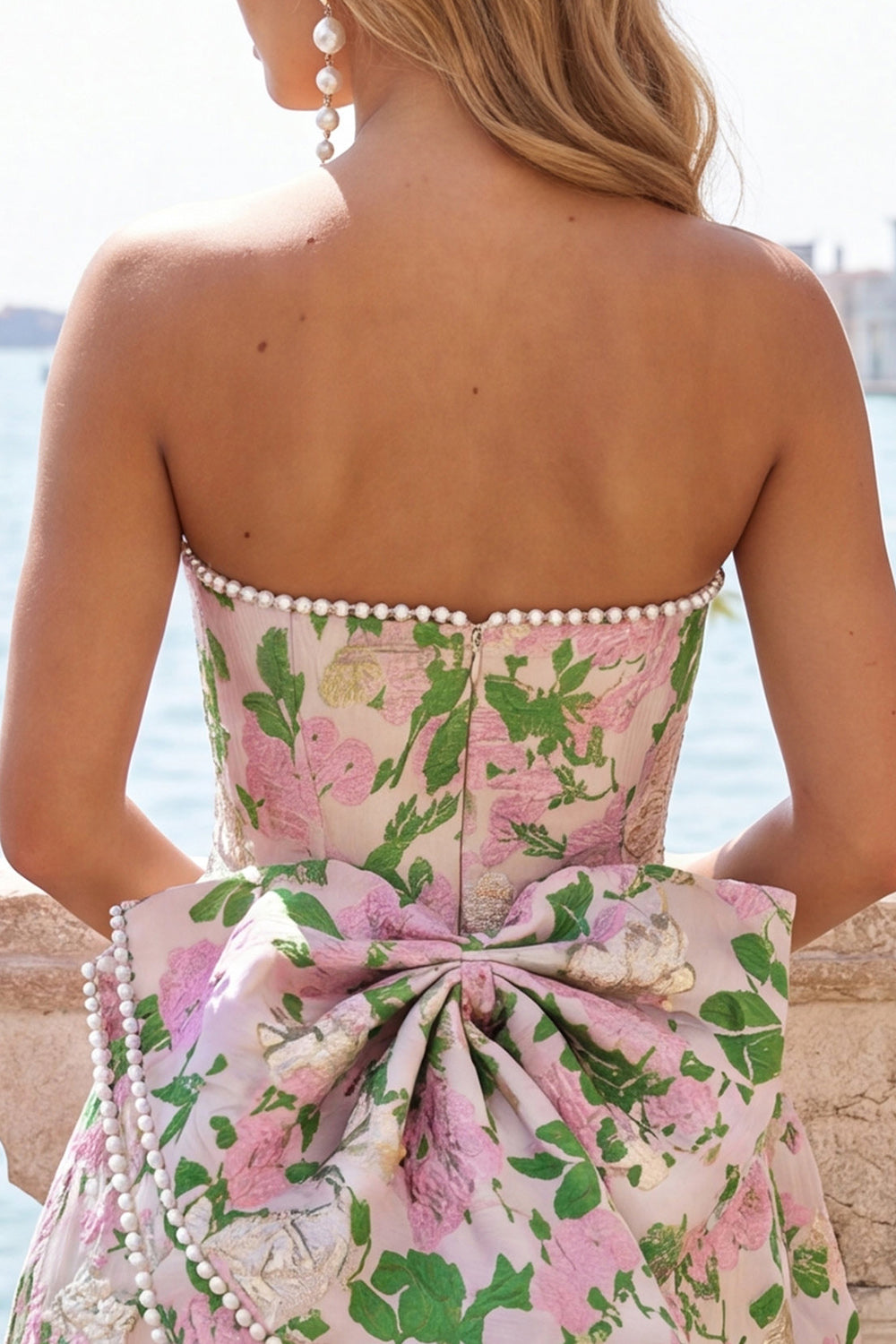 Blue Flower Jacquard A-Line Short Homecoming Dress with Bow