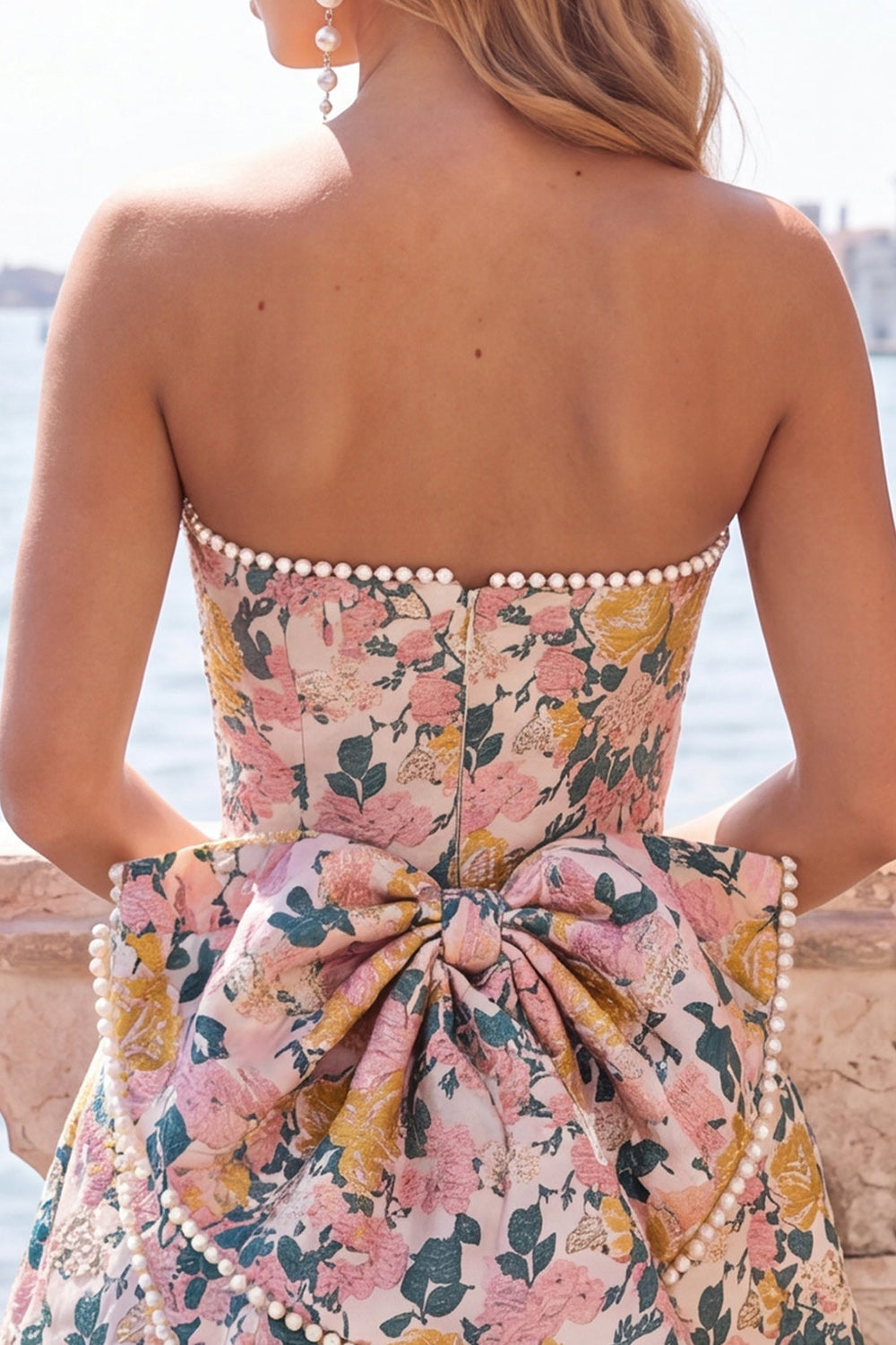 Blue Flower Jacquard A-Line Short Homecoming Dress with Bow