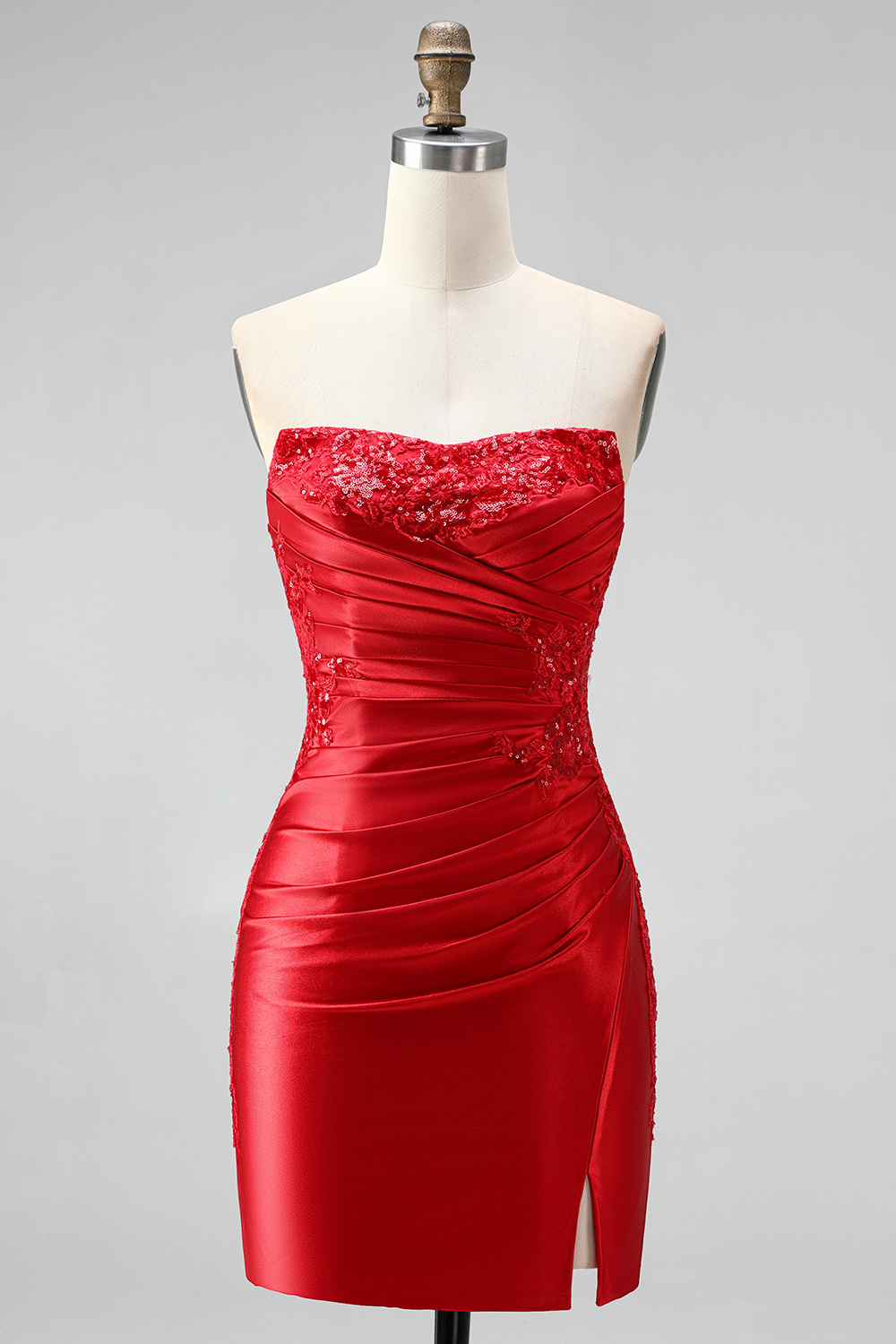 Red Beaded Ruched Tight Short Homecoming Dress with Slit