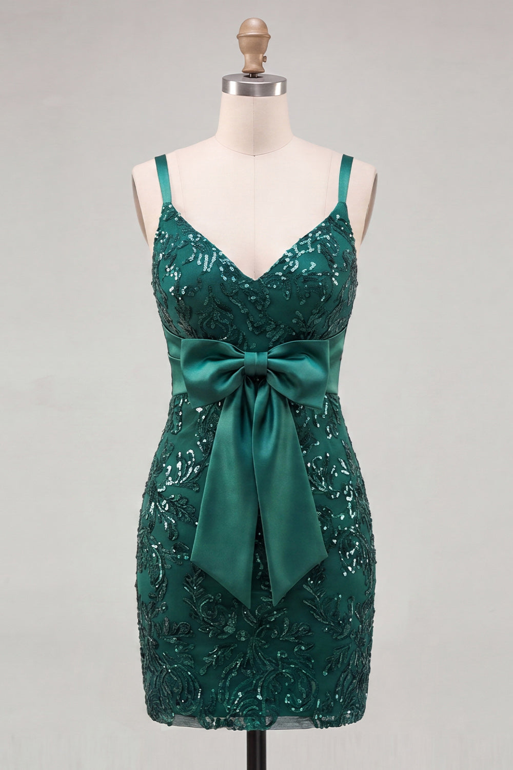 Sparkly Dark Green Tight Sequin Short Homecoming Dress with Bow