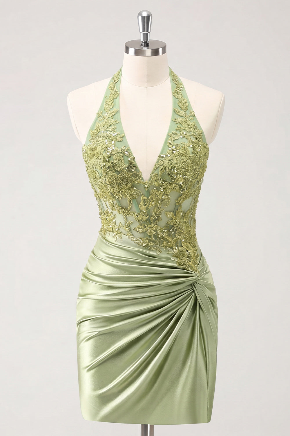 Army Green Appliqued Halter Ruched Tight Short Corset Homecoming Dress