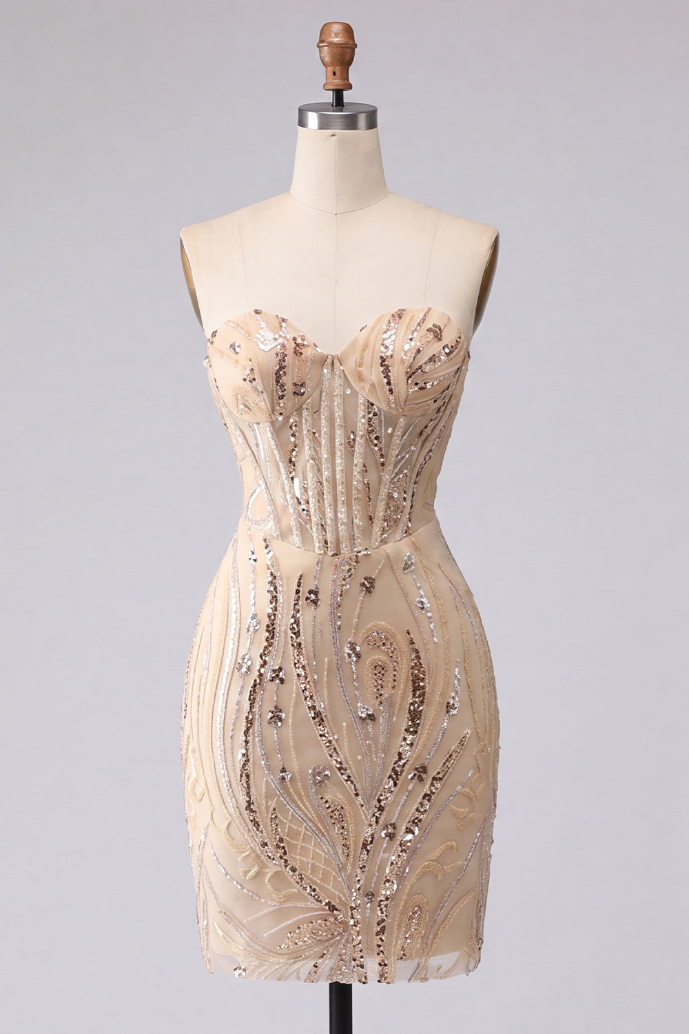 Champagne Sparkly Sequin Corset Tight Short Homecoming Dress