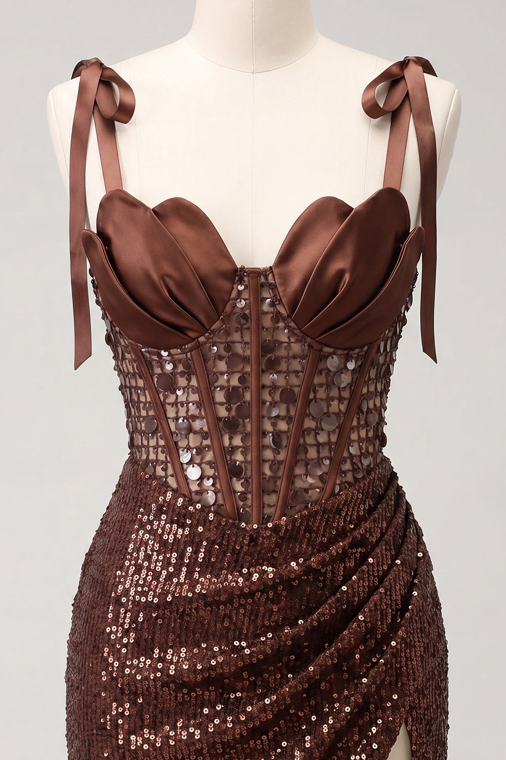 Sparkly Coffee Sequin Corset Short Tight Ruched Homecoming Dress