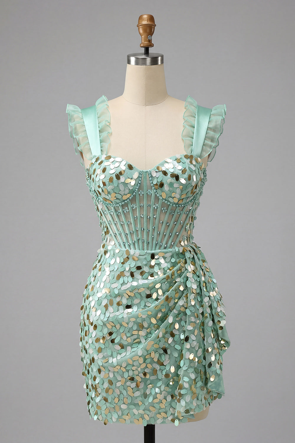 Sparkly Sequin Mint Green Corset Tight Short Homecoming Dress with Ruffles