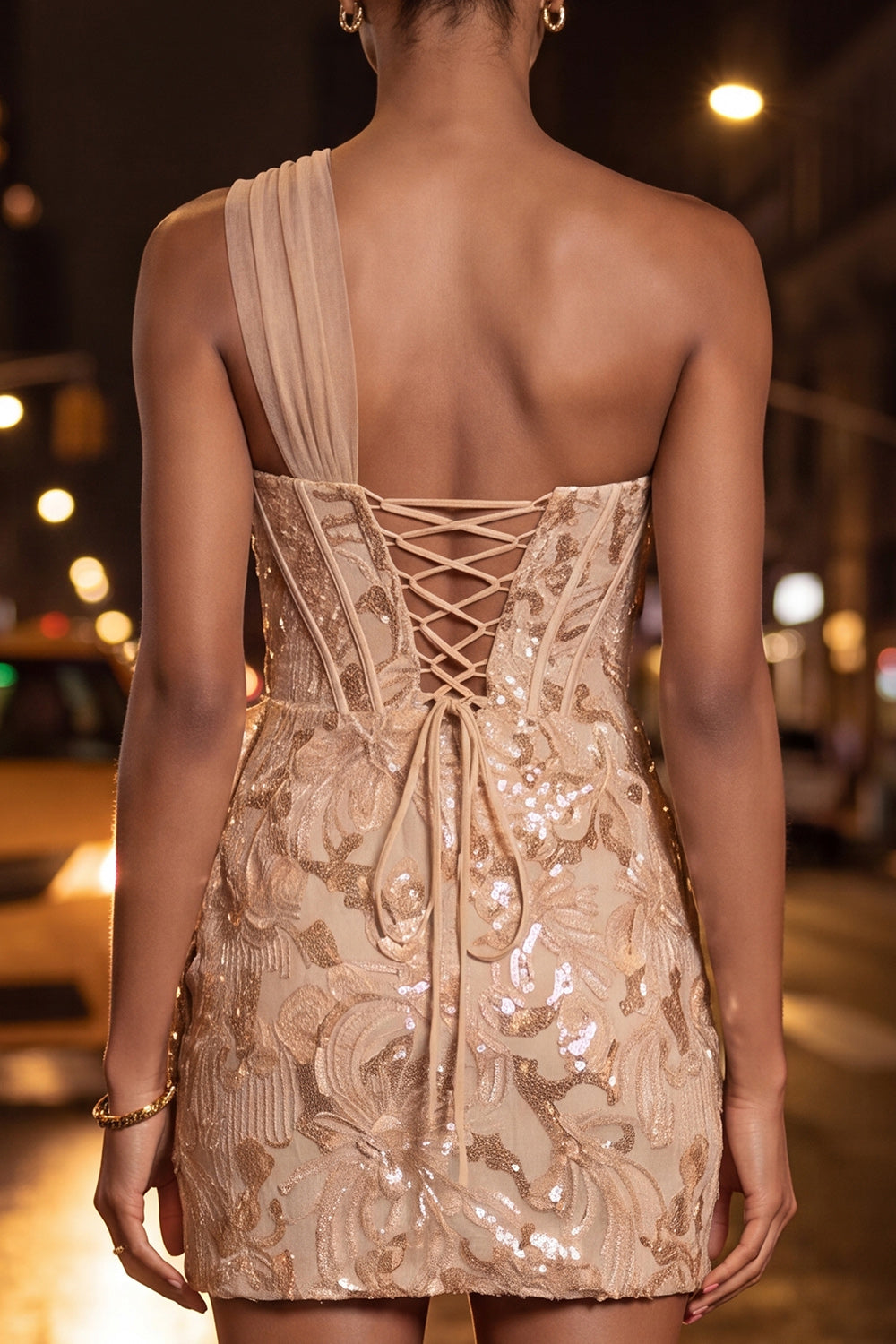 Sparkly Floral Champagne One Shoulder Sequin Corset Tight Short Homecoming Dress
