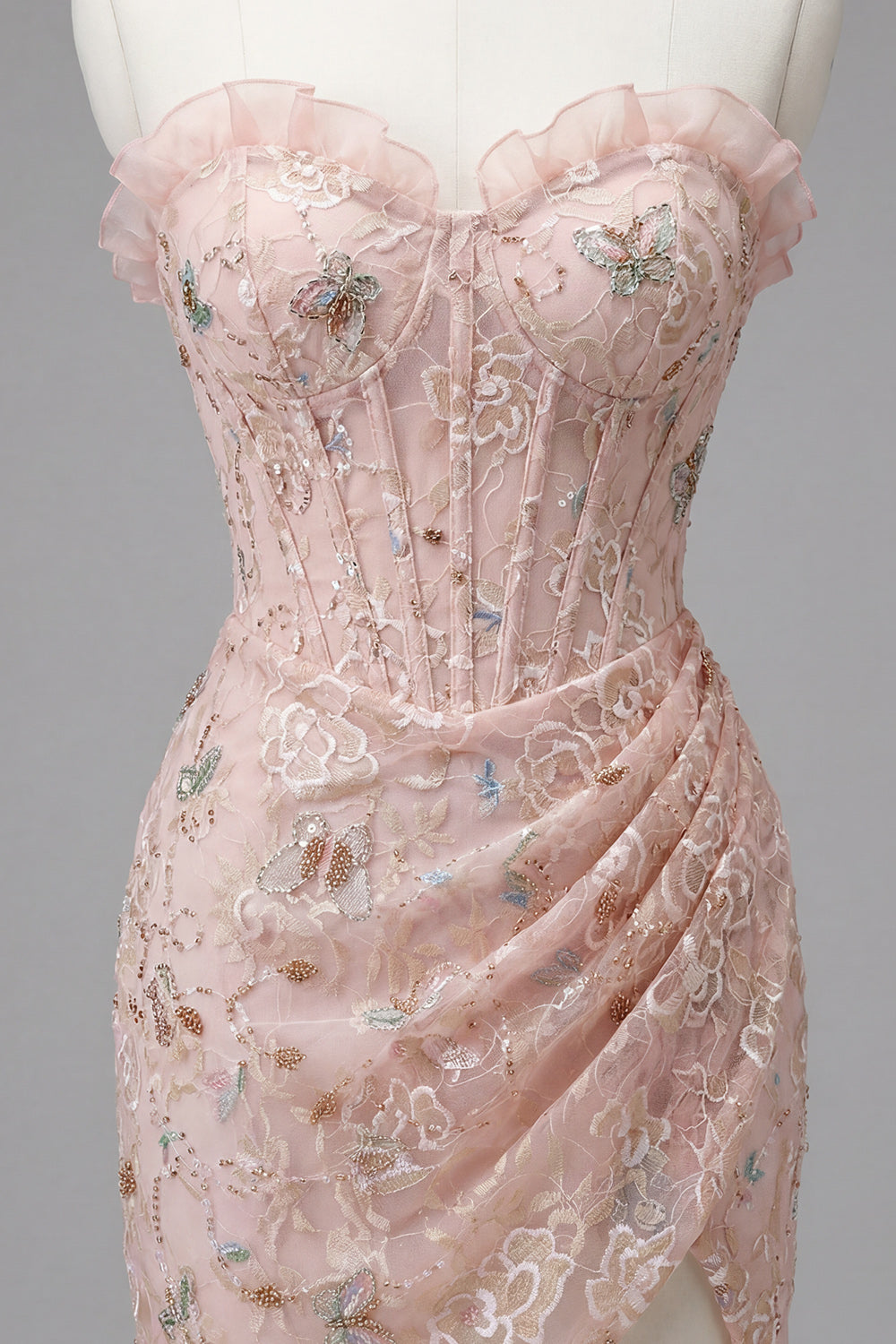 Floral Apricot Corset Short Tight Homecoming Dress with Ruffles