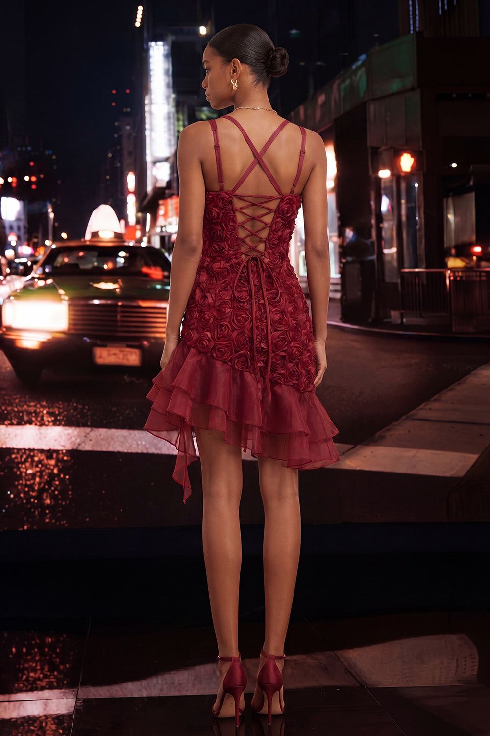 Hot Pink Ruffled Tight Short Homecoming Dress with 3D Flowers