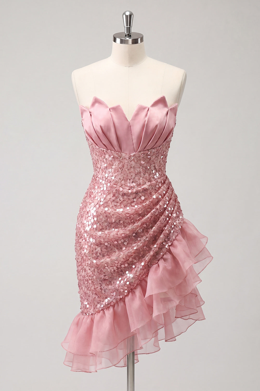 Sparkly Champagne Sequin Ruched Ruffled Tight Short Homecoming Dress