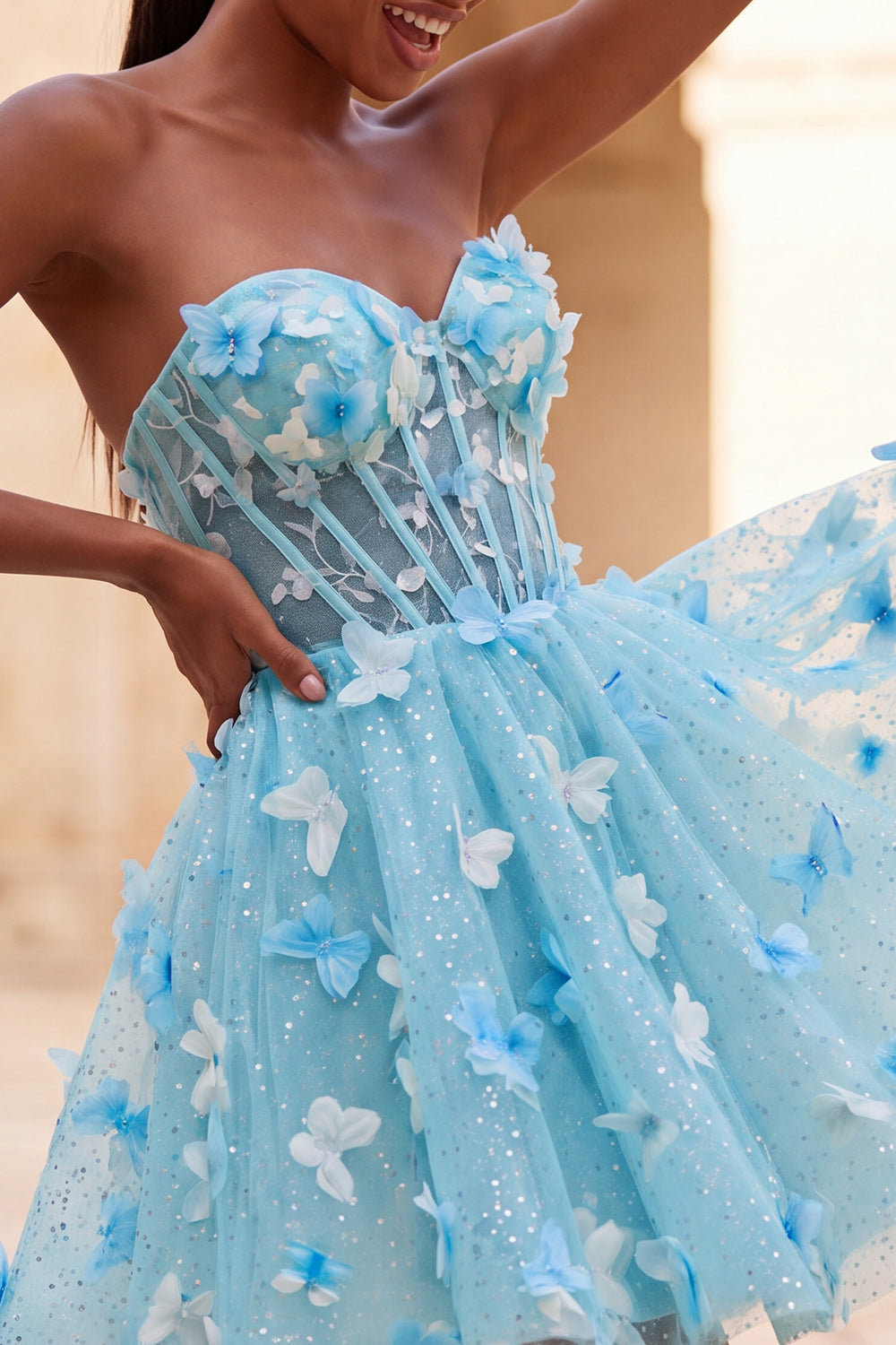 Glitter Light Blue Corset A-Line Short Homecoming Dress with 3D Butterflies