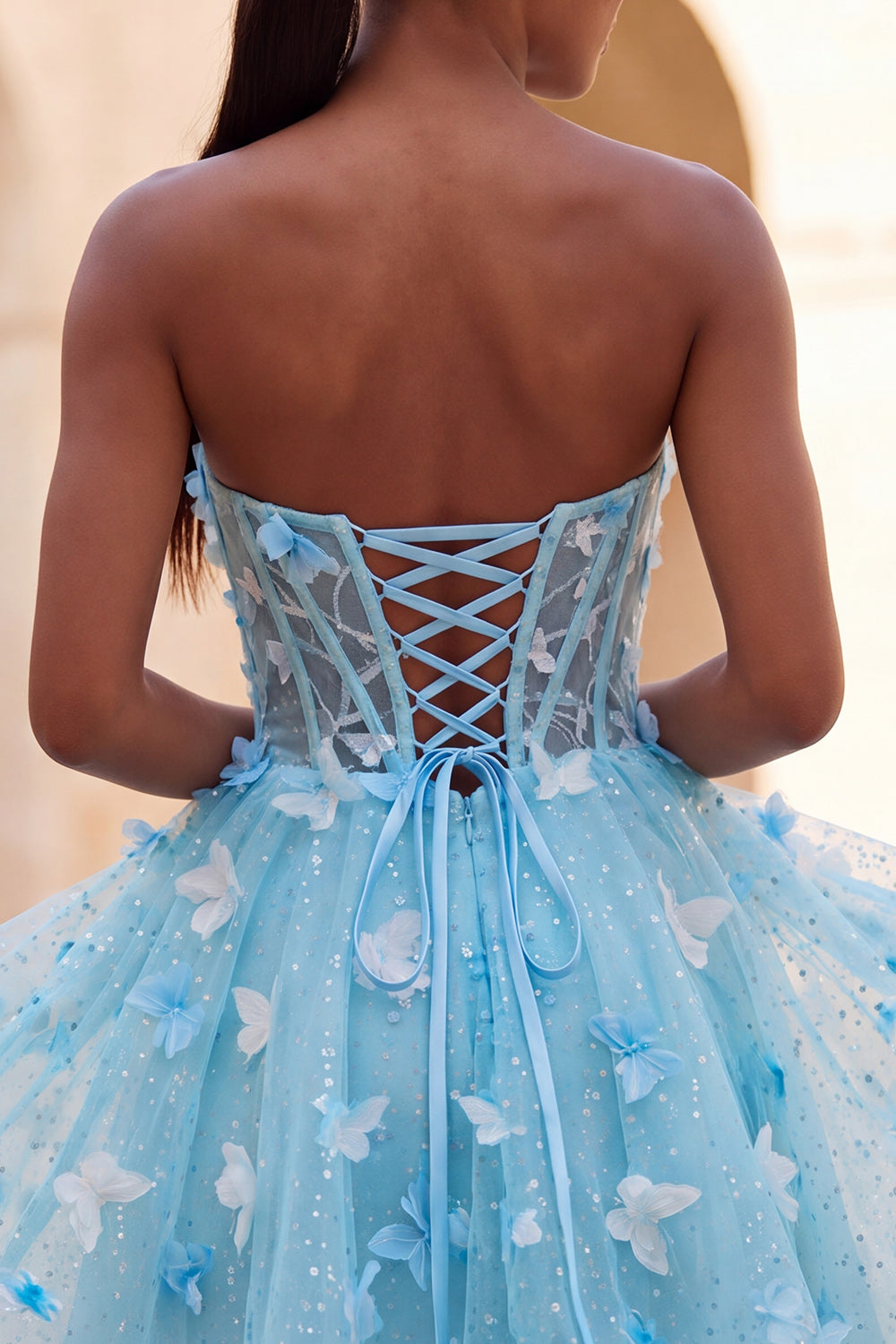 Glitter Light Blue Corset A-Line Short Homecoming Dress with 3D Butterflies