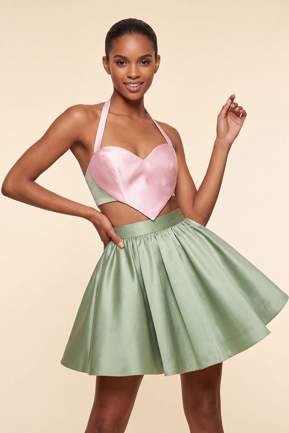 2 Piece Pink and Green Halter Neck Short Homecoming Dress