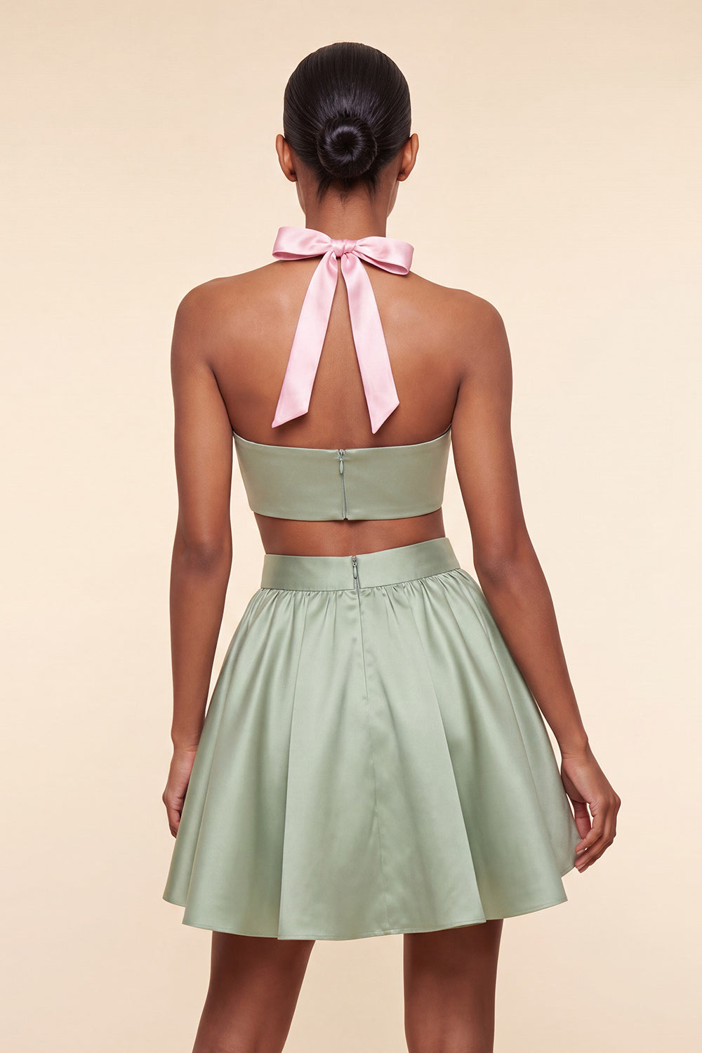 2 Piece Pink and Green Halter Neck Short Homecoming Dress