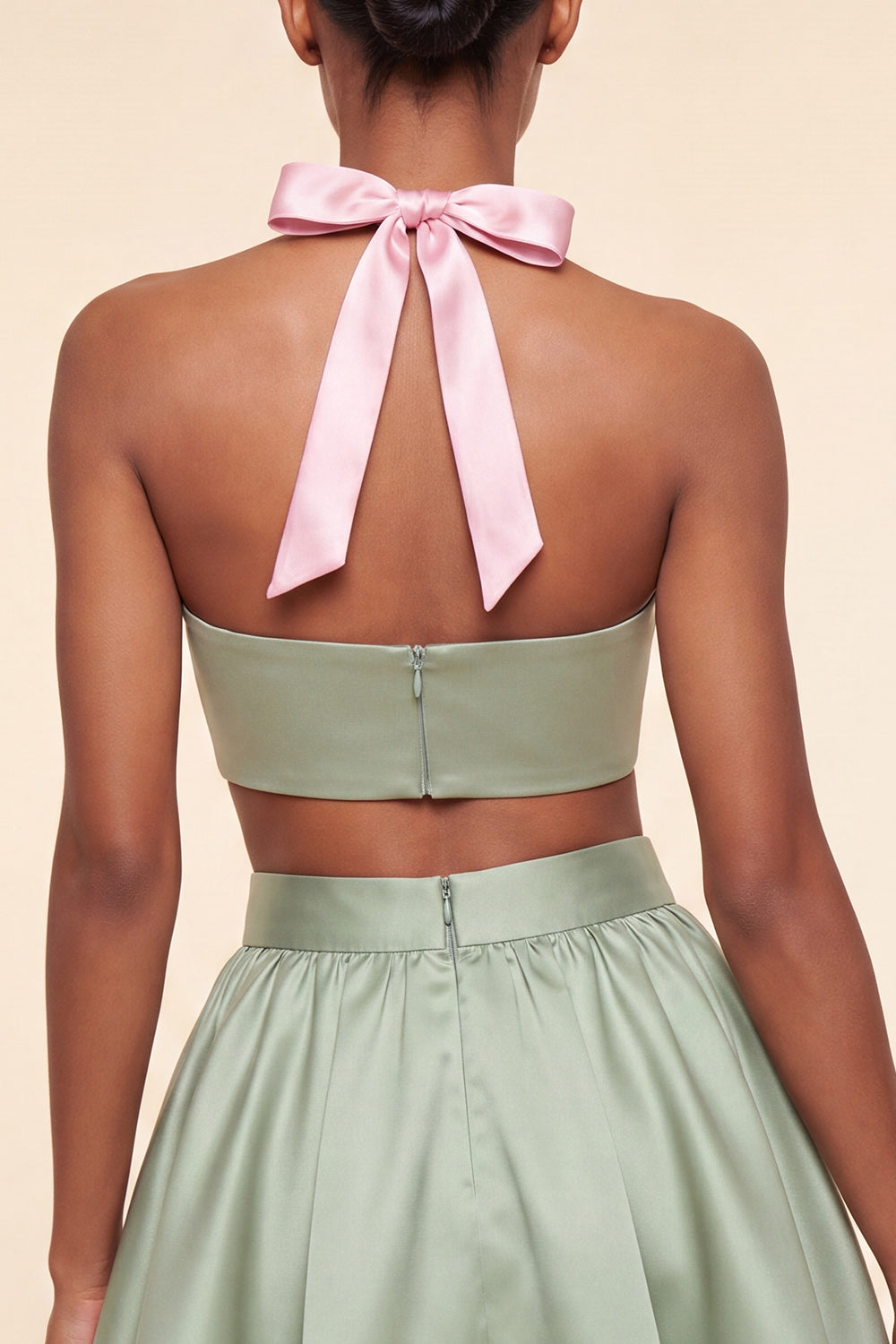 2 Piece Pink and Green Halter Neck Short Homecoming Dress