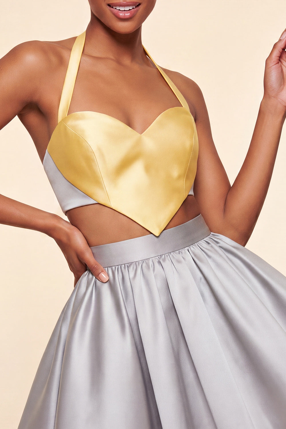 2 Piece Pink and Green Halter Neck Short Homecoming Dress
