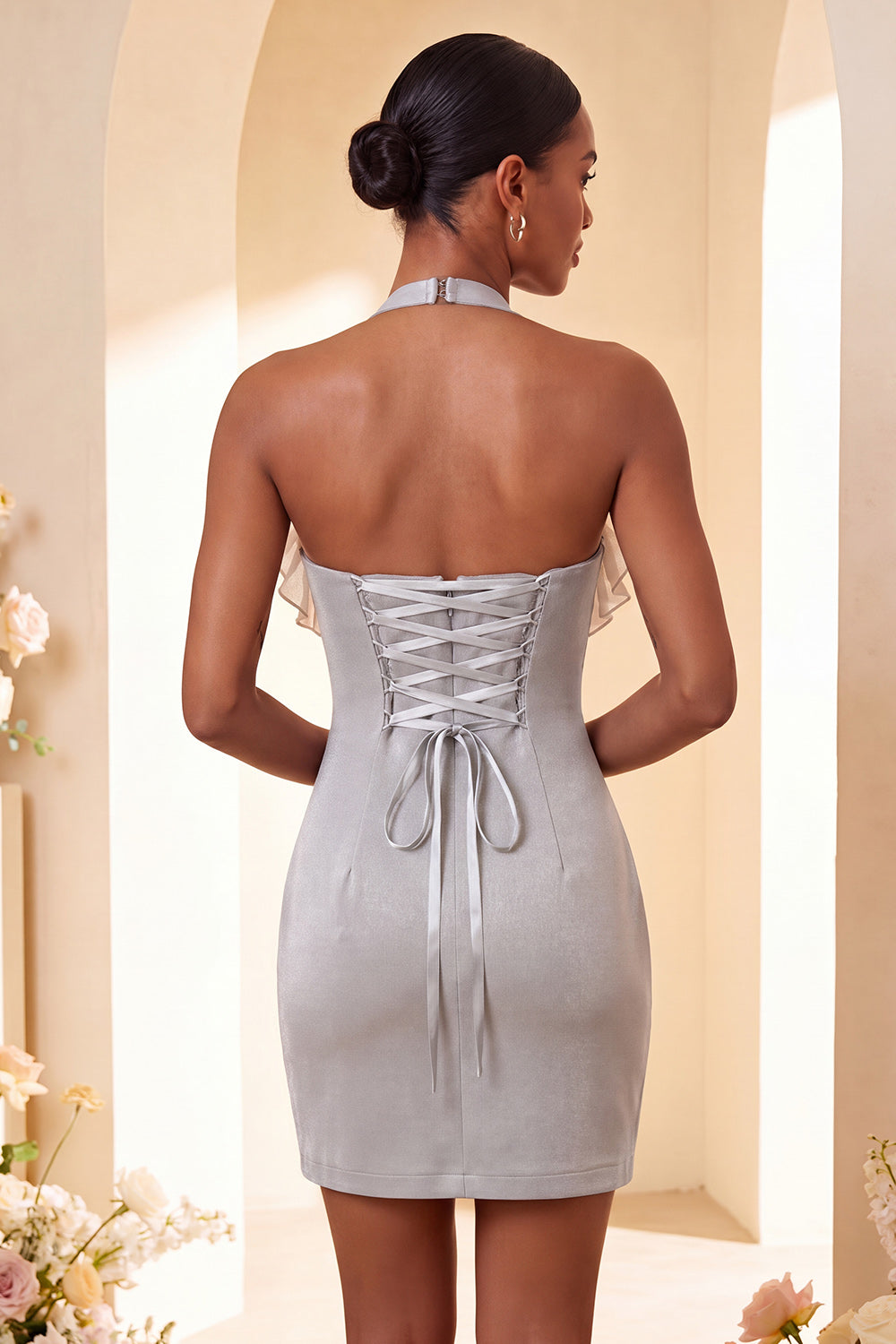 Light Grey Halter Tight Neck Short Homecoming Dress with Ruffles