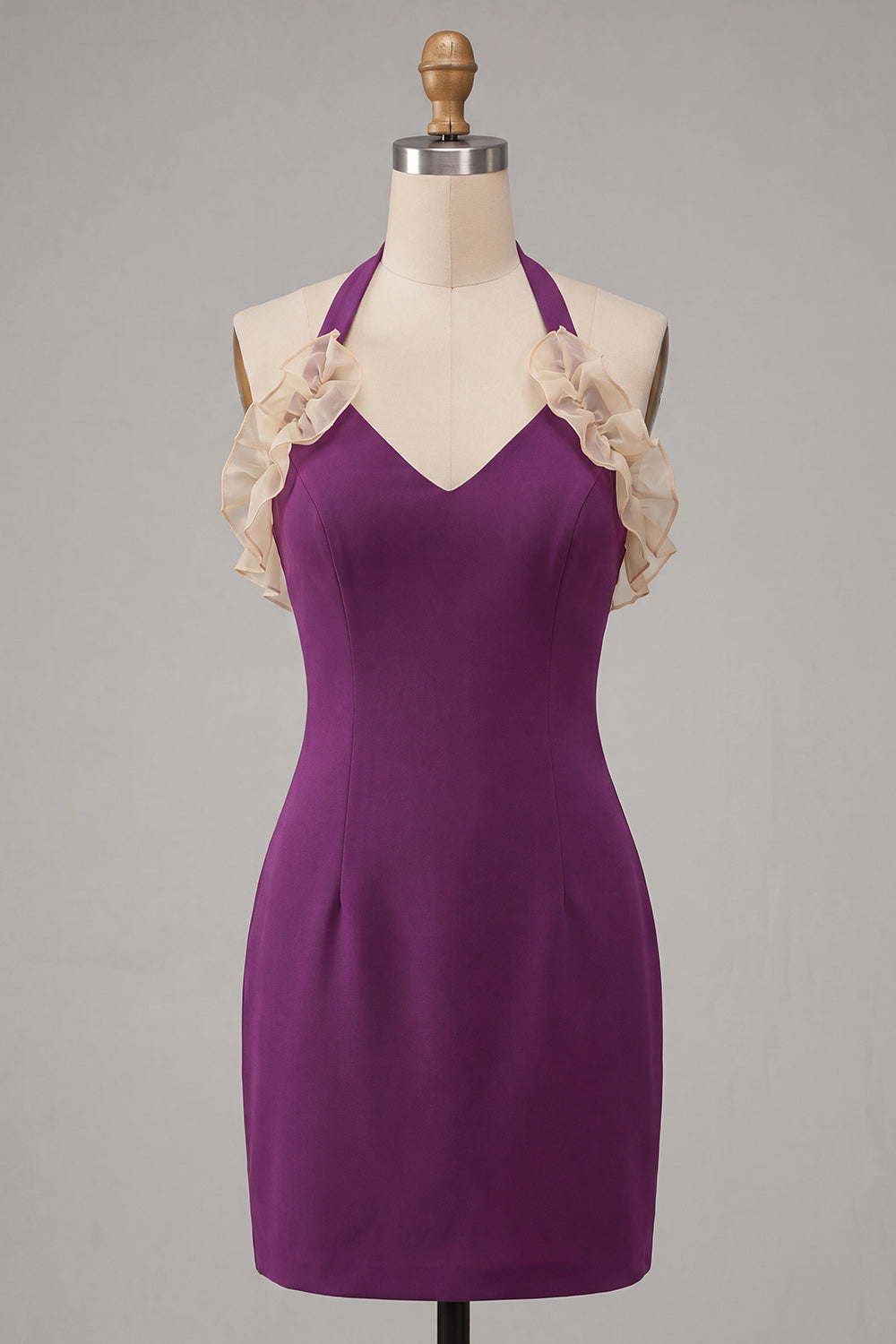 Light Grey Halter Tight Neck Short Homecoming Dress with Ruffles