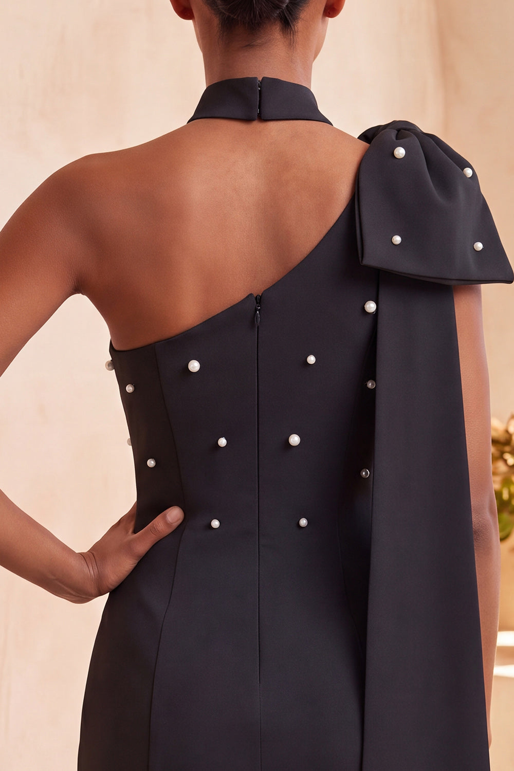 Black Beaded One Shoulder Tight Short Homecoming Dress with Bow