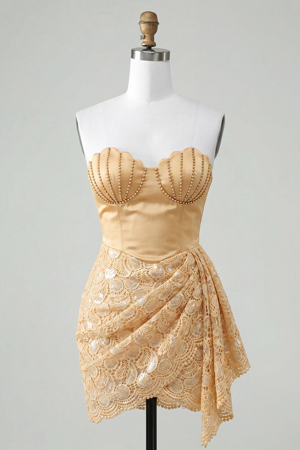 Light Yellow Lace Tight Ruched Short Homecoming Dress with Beading