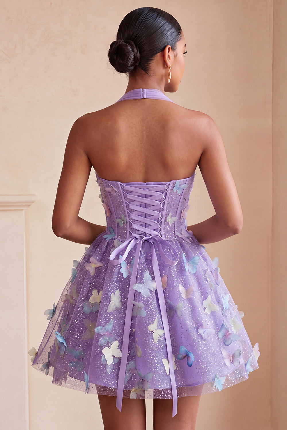 Glitter Light Purple A-Line Corset Short Homecoming Dress with 3D Butterflies