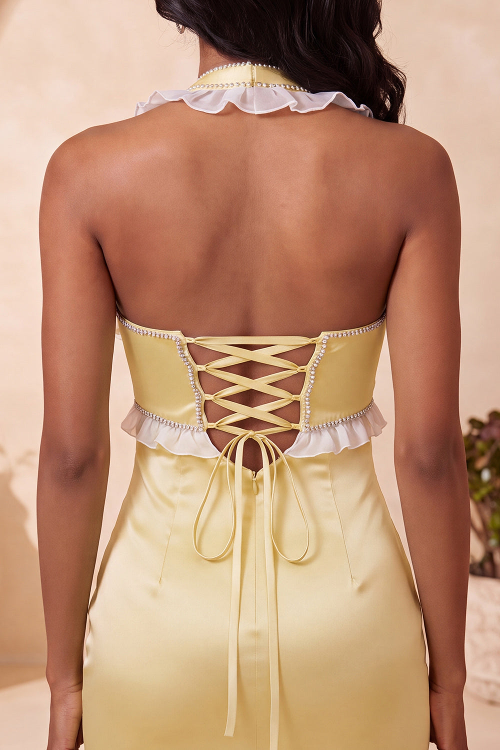 Light Yellow Ruffled Tight Short Homecoming Dress with Beading