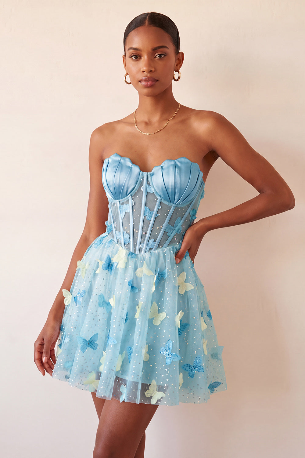 Sparkly Sky Blue Corset A-Line Short Homecoming Dress with 3D Butterflies