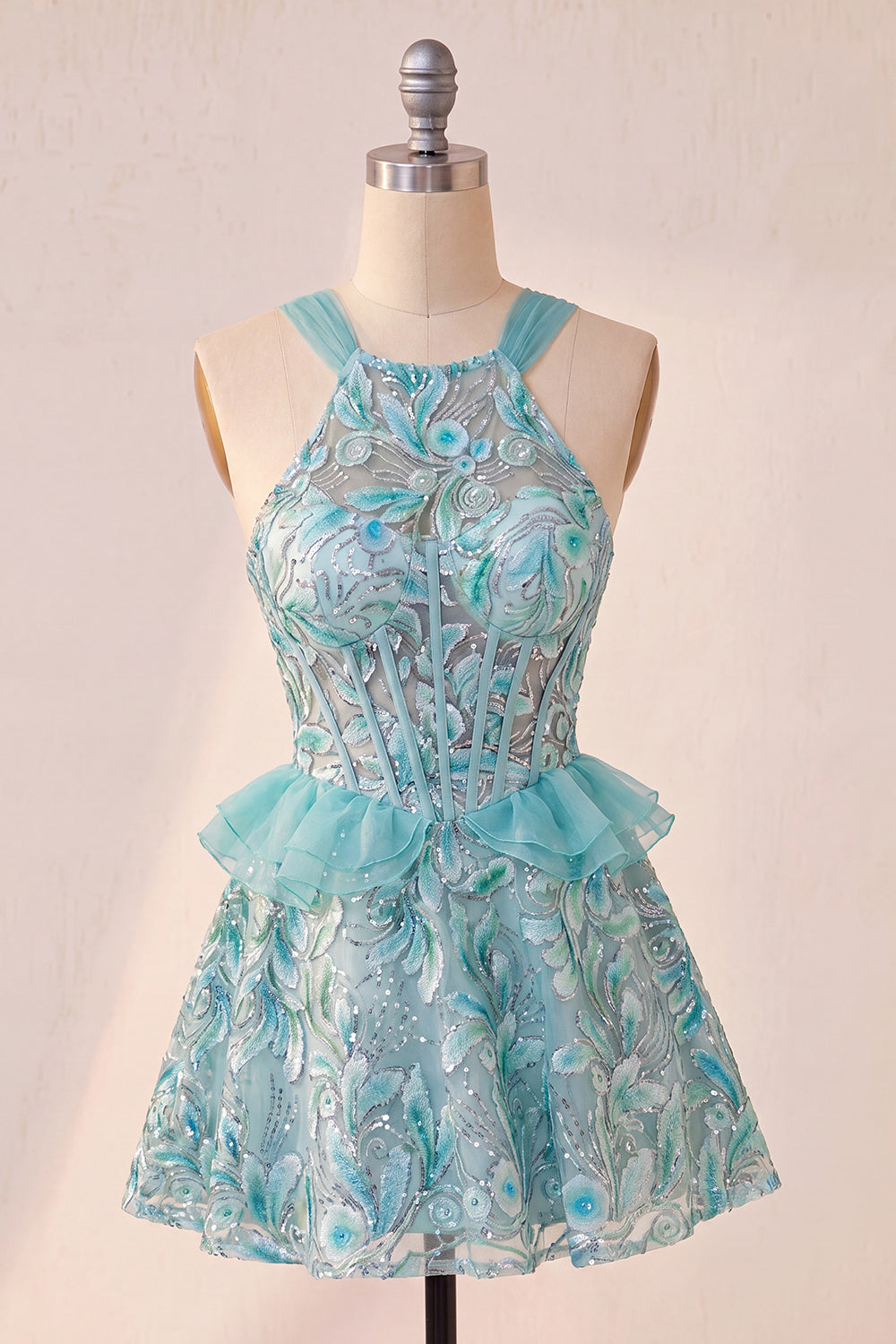 Sparkly Floral Pink Corset Beaded Short Homecoming Dress