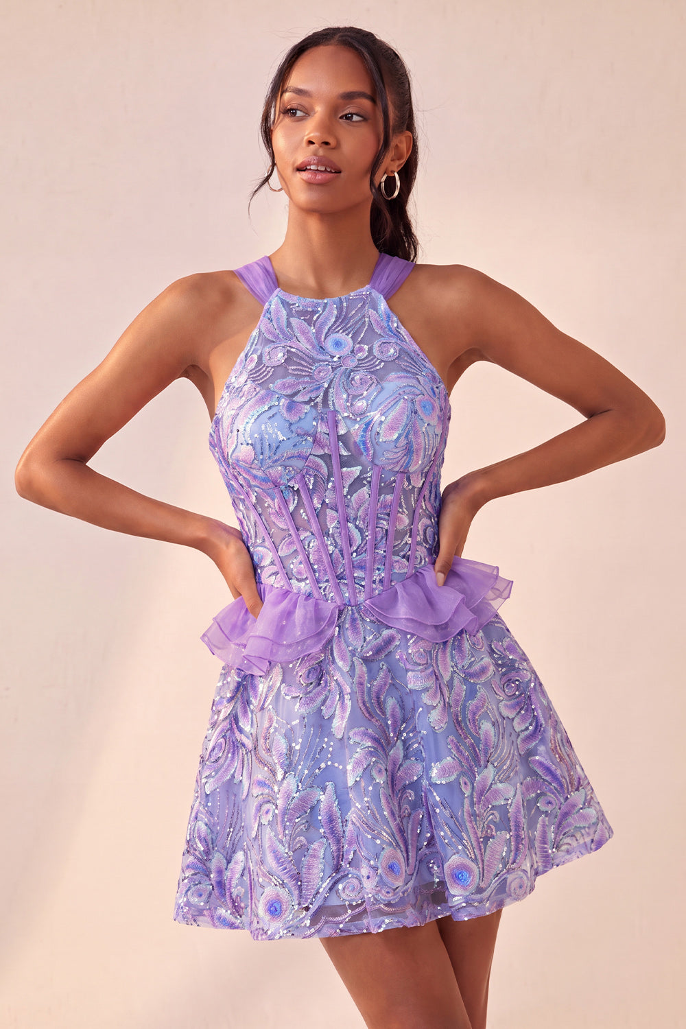 Sparkly Floral Pink Corset Beaded Short Homecoming Dress
