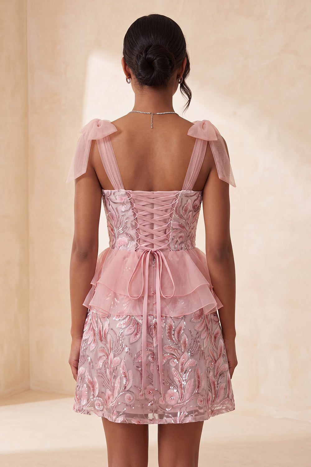 Sparkly Floral Purple Sequin Ruffled Short Homecoming Dress with Bows